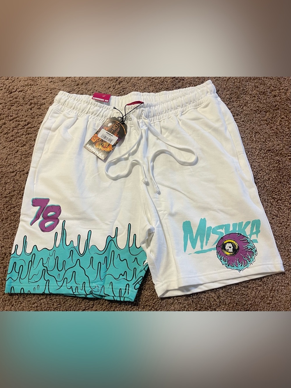 Mishka White Drawstring Shorts with Pink Logo Tag